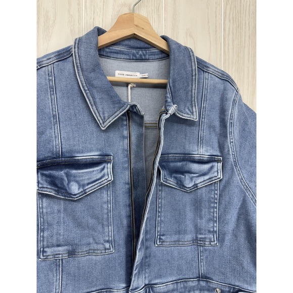 Good American Jumpsuit Womens 7 (4XL) Plus Blue Denim Short Sleeve Zip Utility - Picture 4 of 14